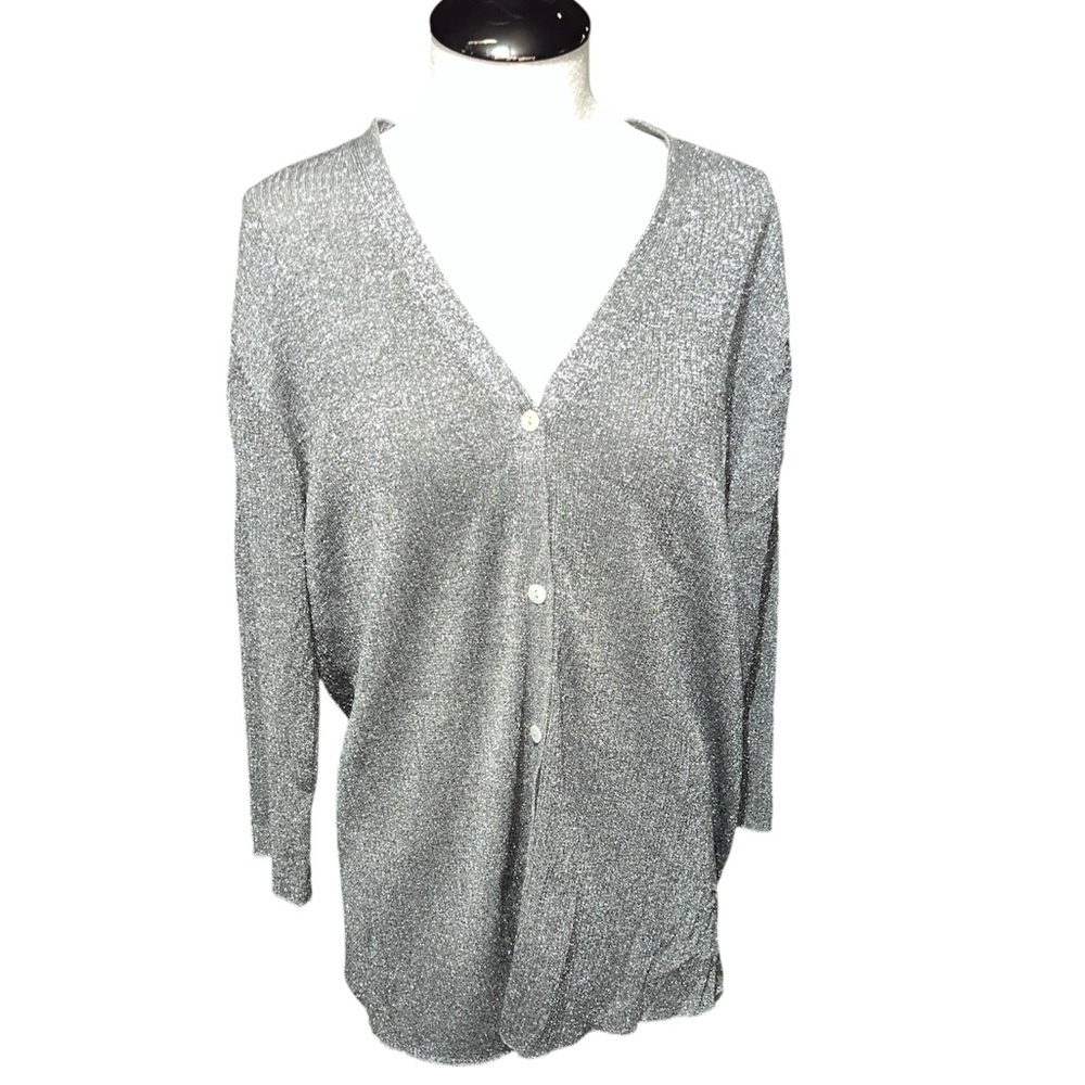 August Sill silver sparkly shimmer cardigan top large button down festive